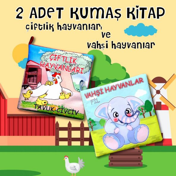 2 Kitap  Çiftlik Hayvanlar ve Vahşi Hayvanlar Kumaş Sessiz Kitap T058 T111 - Bez Kitap - 2