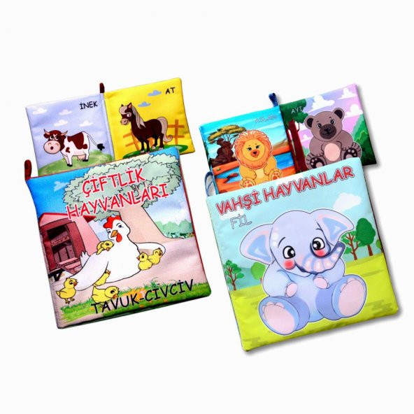 2 Kitap  Çiftlik Hayvanlar ve Vahşi Hayvanlar Kumaş Sessiz Kitap T058 T111 - Bez Kitap - 3