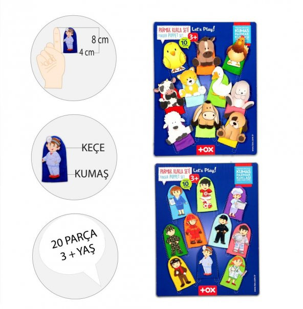 2 Set - 20 Parça  Evcil Hayvanlar ve Meslekler Parmak Kukla T771 T761 - Resim 3