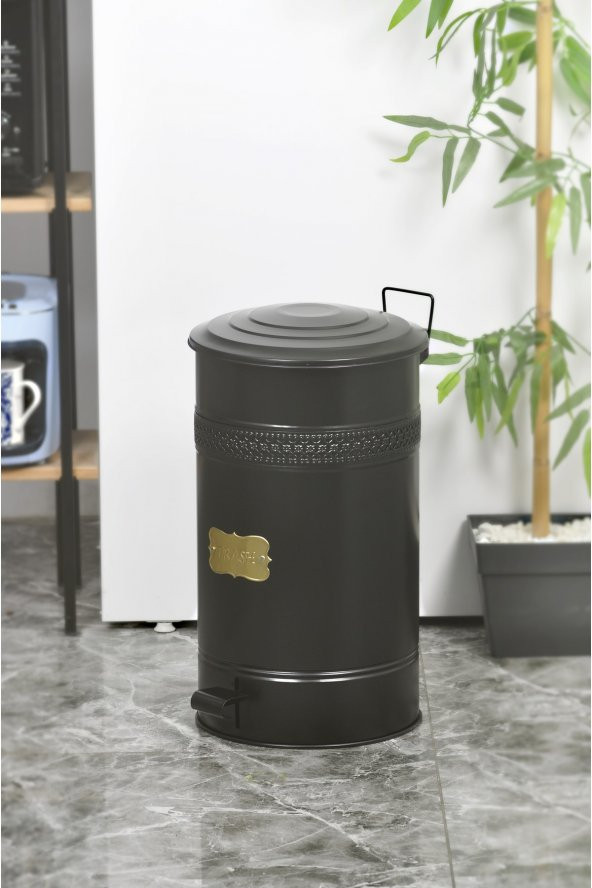 Metal Kapaklı Siyah Renk Galvaniz Metal Pedallı Çöp Kovası 30 Litre