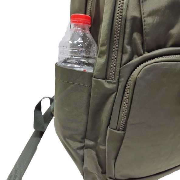 Yatay Fermuar Detaylı Krinkıl Kumaş Sırt Çantası Haki Renk - 3