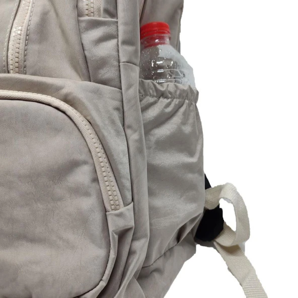 Dikey Fermuarlı Model Krinkıl Kumaş Sırt Çantası Krem Renk - 12