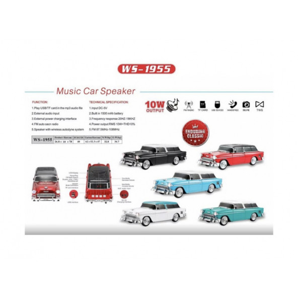 Wster Chevrolet WS-1955BT Belair 1955 Model Araba Bluetooth Hoparlör - 5