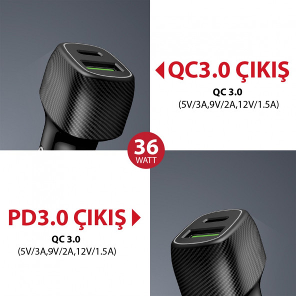 PD Quick Charge 3.0 USBx2 6A 36 Watt Araç İçi Şarj Aleti - 3