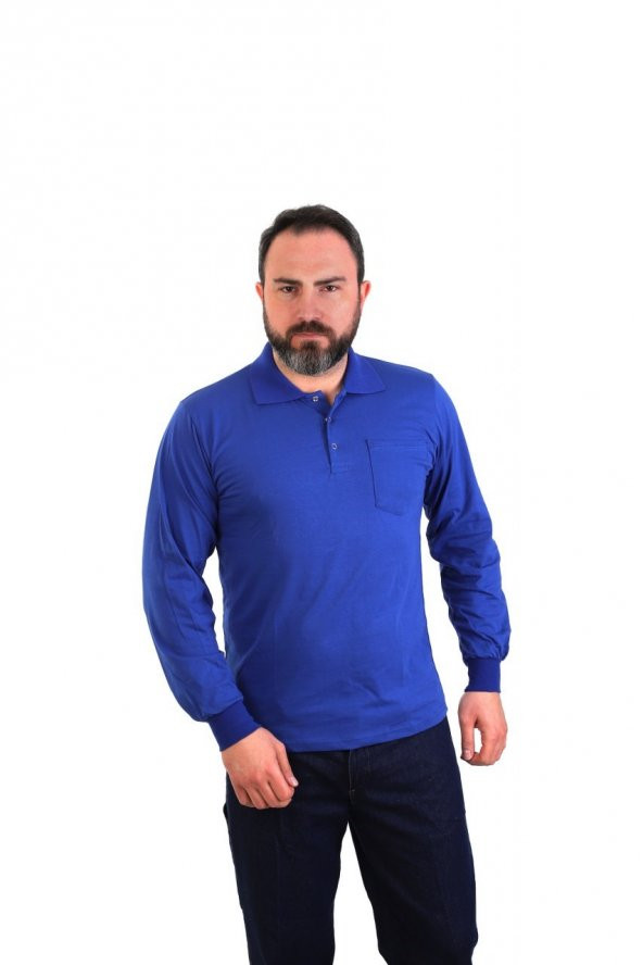 ESER - Polo Yaka Uzun Kol Penye İş Tişörtü - Cepli - Saks Mavi ürün görseli 1