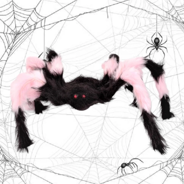 Cadılar Bayramı Örümcek Siyah/Fuşya Büyük Tüylü