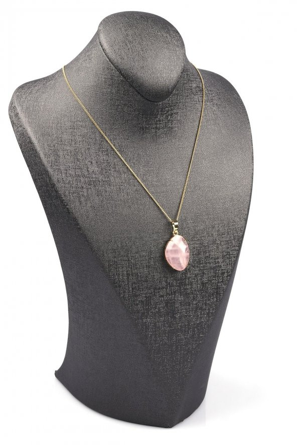 Pembe Kuvars Doğal Taş Gold Renkli Kolye - Resim 2