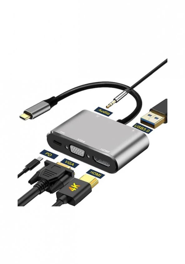 Type-C To 4K Hdmi Vga Usb 3.0 Otg Audio Ses Çevirici Kablo 5 In 1 (533635045) - 2