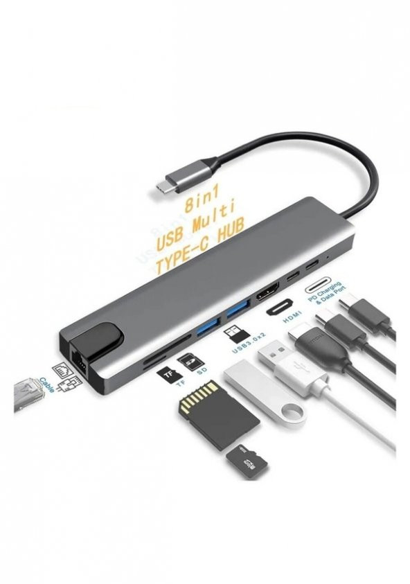 Type C To Ethernet, Hdmi, Kart Okuyucu, 2Xusb 3.0 Hub Usb C Kablo (533636150) - 4