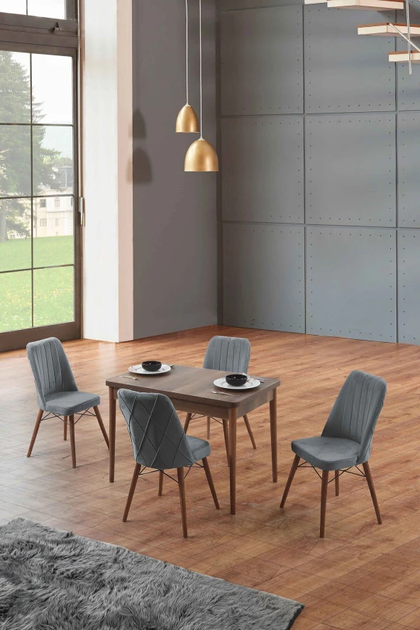 Morkese Home Consept Pam Serisi Ahşap 70X110 Sabit 4 Sandalye Silinebilir Kumaş Mutfak Masası Takımı Yemek