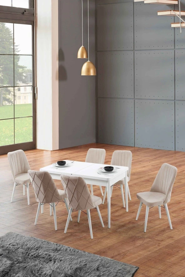 Morkese Home Consept Lori Beyaz 80X130 Açılabilir 6 Sandalye Silinebilir Kumaş Mutfak Masası Takımı Yemek Masası Takımı