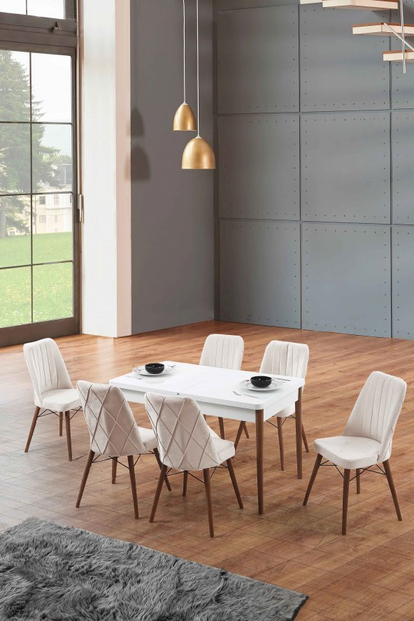 Morkese Home Consept Gemma Beyaz 80X130 Açılabilir 6 Sandalye Silinebilir Kumaş Mutfak Masası Takımı Yemek Masası Takımı
