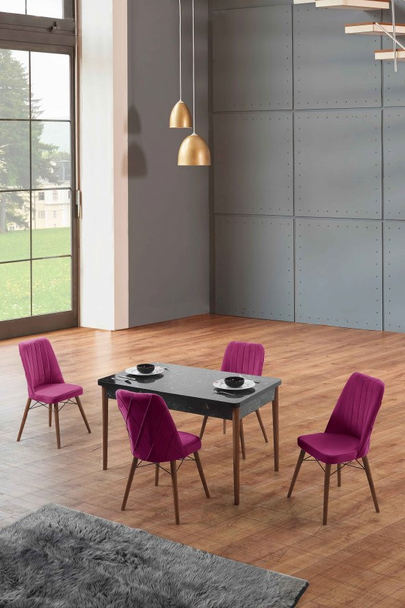 Morkese Home Consept Sage Siyah 80X130 Açılabilir 4 Sandalye Silinebilir Kumaş Mutfak Masası Takımı Yemek Masası Takımı