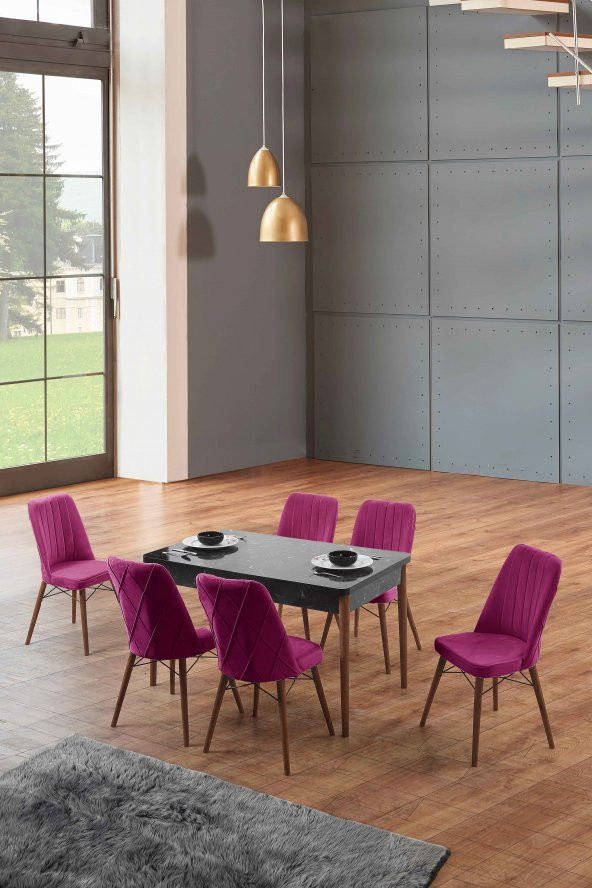 Morkese Home Consept Sage Siyah 80X130 Açılabilir 6 Sandalye Silinebilir Kumaş Mutfak Masası Takımı Yemek Masası Takımı