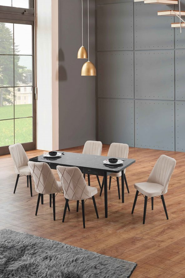 Morkese Home Consept Cora Siyah 80X130 Açılabilir 6 Sandalye Silinebilir Kumaş Mutfak Masası Takımı Yemek Masası Takımı