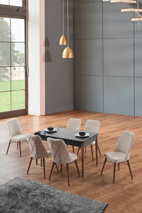 Morkese Home Consept Sage Siyah 80X130 Açılabilir 6 Sandalye Silinebilir Kumaş Mutfak Masası Takımı Yemek Masası Takımı