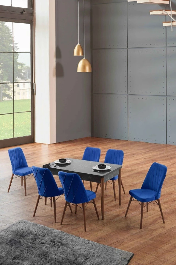 Morkese Home Consept Sage Siyah 80X130 Açılabilir 6 Sandalye Silinebilir Kumaş Mutfak Masası Takımı Yemek Masası Takımı