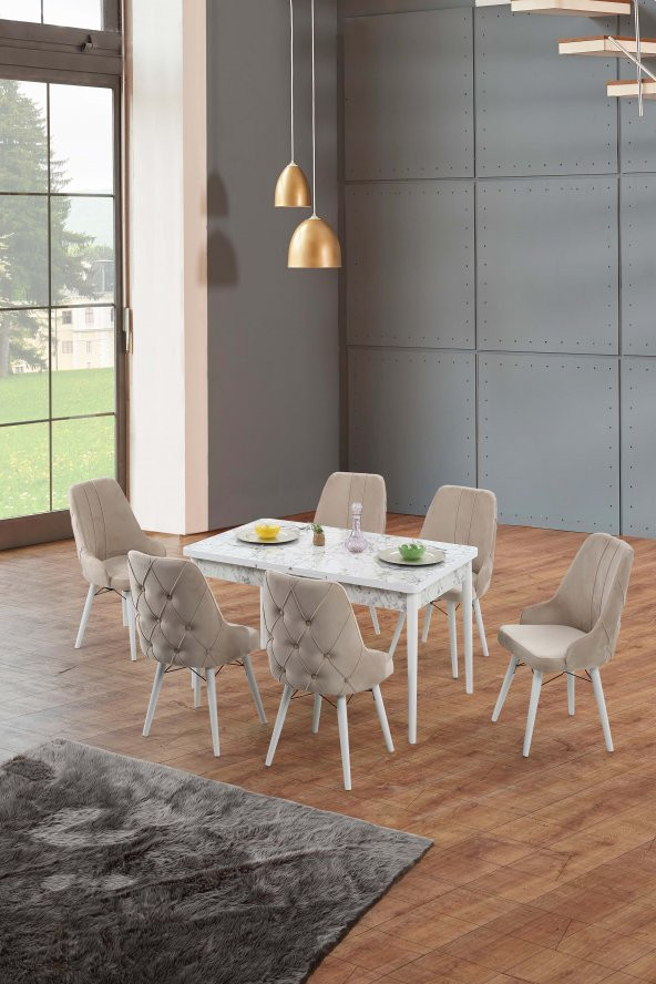 Morkese Home Consept Perla Beyaz Mermer 80X130 Açılabilir 6 Kişilik 1.Sınıf Babyface Kumaş Lüx Mutfak Masası Takımı