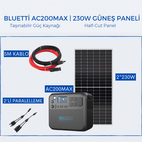 Bluetti AC200MAX Taşınabilir Güç Kaynağı | 230W Monokristal Güneş Paneli Paketi