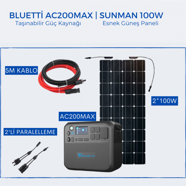 Bluetti AC200MAX Taşınabilir Güç Kaynağı | Sunman 100W Güneş Paneli Paketi