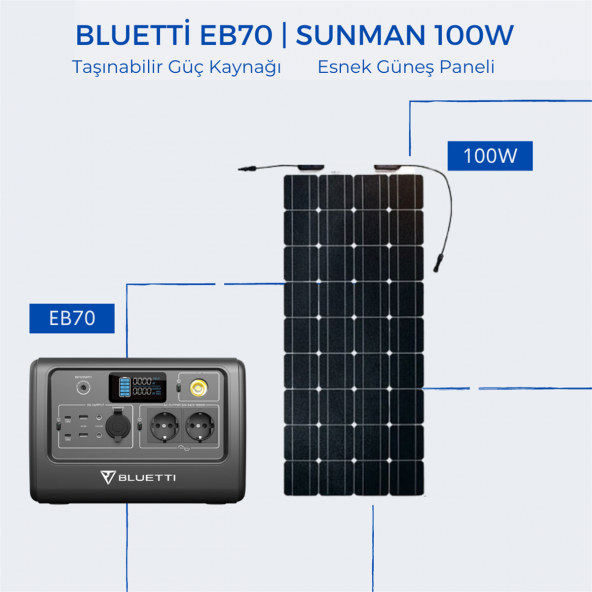 Bluetti EB70 Taşınabilir Güç Kaynağı | Sunman 100W Esnek Güneş Paneli Paketi