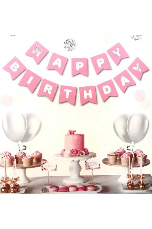 Beysüs Pembe Üstüne Gümüş Gri Yaldızlı Happy Birthday Yazılı Doğum Günü Partisi Karton Ipli Yazı Banner