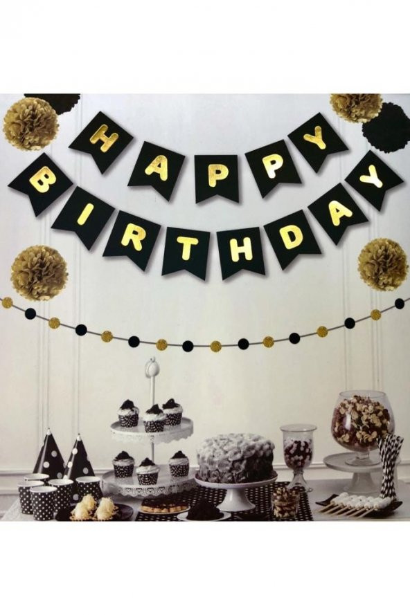 Beysüs Siyah Üstüne Gold Altın Sarısı Yaldızlı Happy Birthday Yazılı Doğum Günü Partisi Karton Yazı Banner