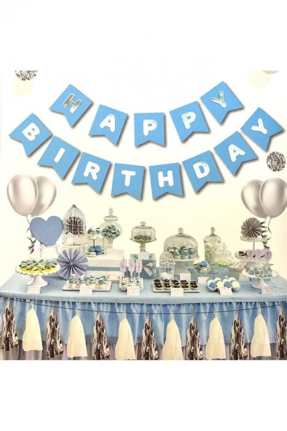 Beysüs Mavi Üstüne Gümüş Gri Yaldızlı Happy Birthday Yazılı Doğum Günü Partisi Karton