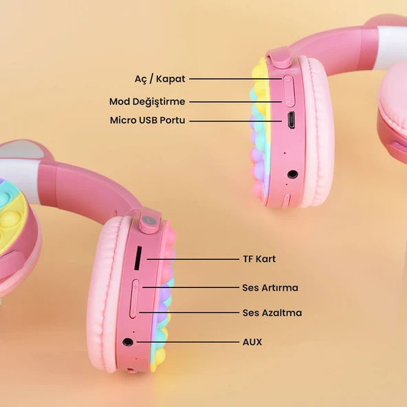 Zore CXT-950 RGB Led Işıklı Kedi Kulağı Band Tasarımı Ayarlanabilir Katlanabilir Kulak Üstü Bluetooth Kulaklık - 6