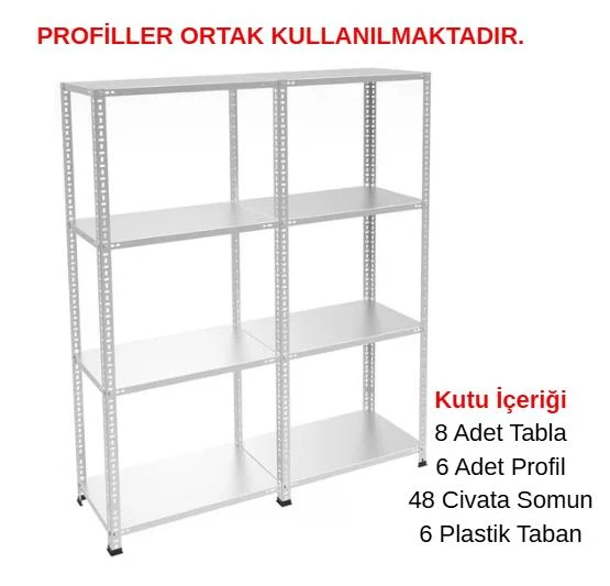 4 Katlı Duble Galvaniz Çelik Raf - Depo, Arşiv, Kiler, Dosya, Market Rafı  31x93 cm 300 cm 0.70 mm ürün görseli