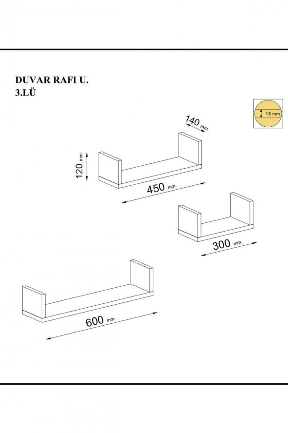 U Model 3lü Duvar Rafı - 3