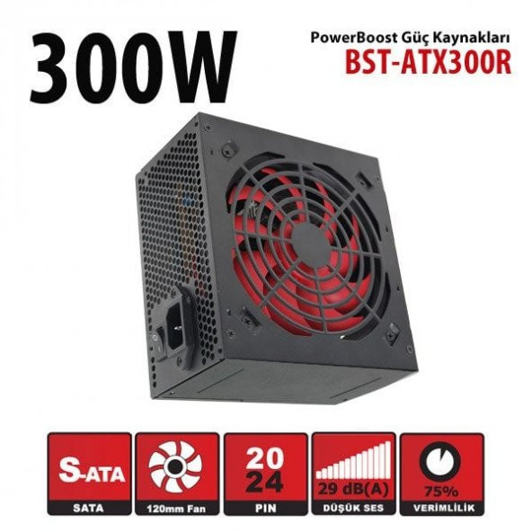 PowerBoost  BST-ATX300R 300w, PPFC 12cm Kirmizi Fanli ATX PSU Retail Box