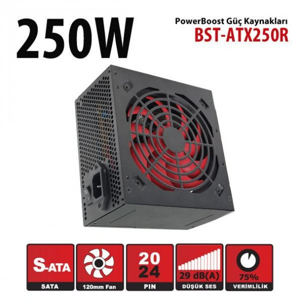 PowerBoost BST-ATX250R 250w, PPFC 12cm Kirmizi Fanli ATX PSU Retail Box