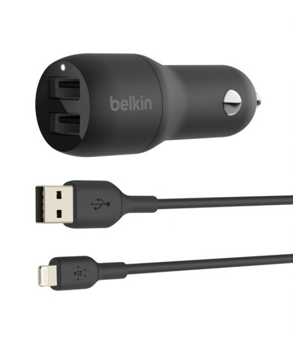 BELKIN 24W Hizli Araç Sarj Cihazi 2 Port USB Siyah+Apple Lightning Kablo CCD001BT1MBK