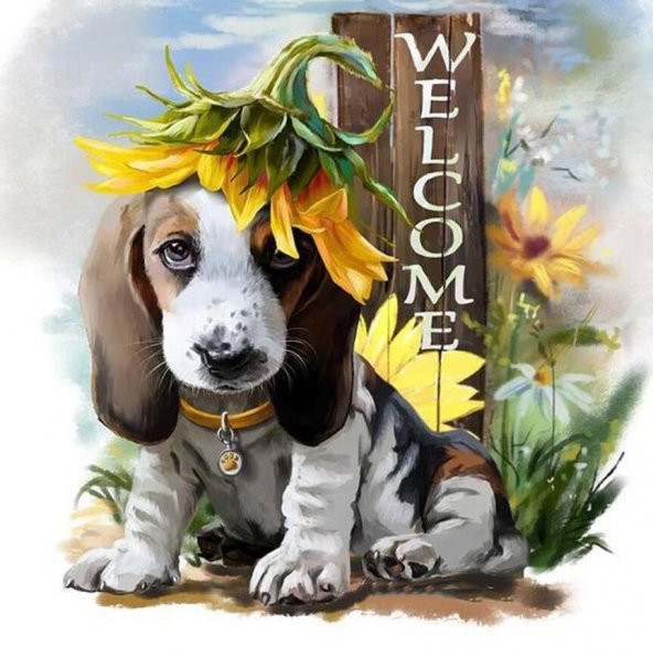 Movas Sanat Ay Çiçeği Bahçesinde Sosis Köpek | Elmas Mozaik Puzzle  | 40x40 | E20203469 - 1