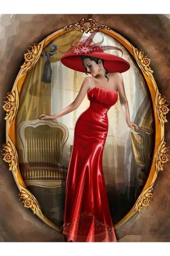 Movas Sanat Ayna Karşısında Kırmızı Elbisesini Deneyen Kadın | Elmas Mozaik Puzzle | 45x60 | E20203535