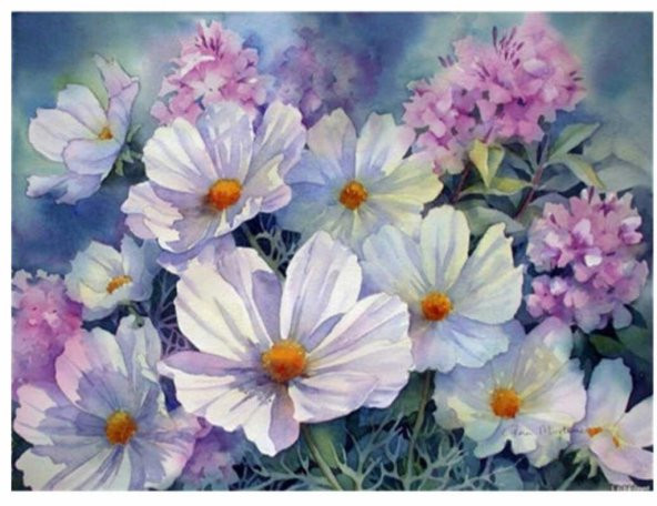 Movas Sanat Papatya Ve Mor Çiçekler | Elmas Mozaik Tablo | Mozaik Puzzle  | 50x35 | E20202935M