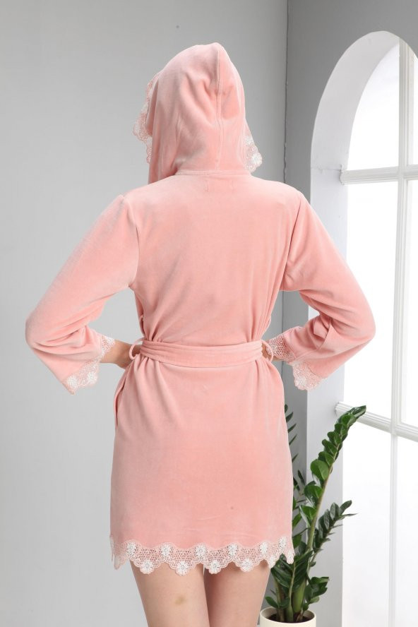 Krem Dantelli Kısa Kapüşonlu Niki Kadife Bambu Cotton Bayan Sabahlık - 4