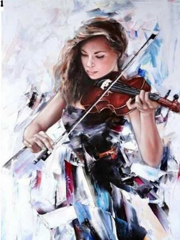 Movas Sanat Beyazlar İçinde Keman Çalan Kadın | Elmas Mozaik Puzzle  | 40x60 | E20202824M