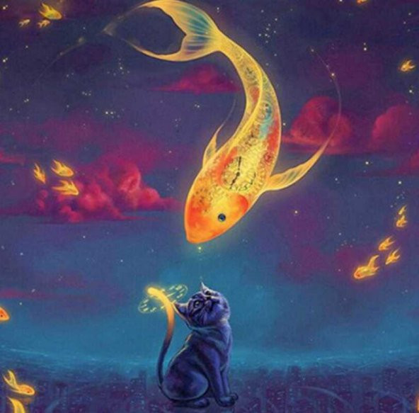 Movas Sanat Kedi Ve Balık Resmi | Elmas Mozaik Tablo | Mozaik Puzzle  | 50x50 | E20202770M