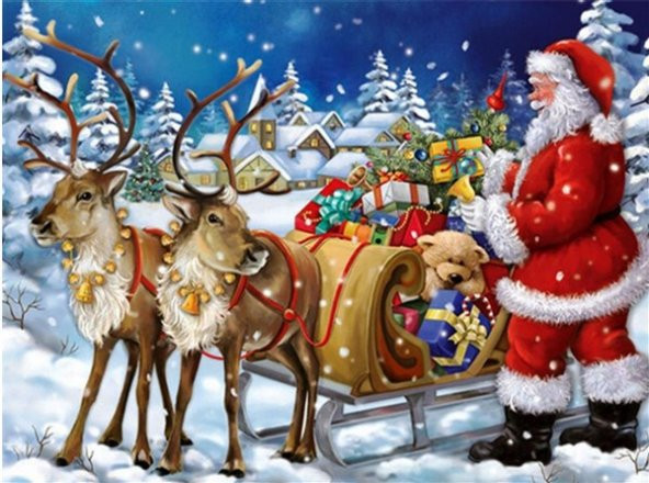 Movas Sanat Noel Baba Geyik Ve Hediyeleri | Elmas Mozaik Tablo | Mozaik Puzzle | 50x35 | E20202279M