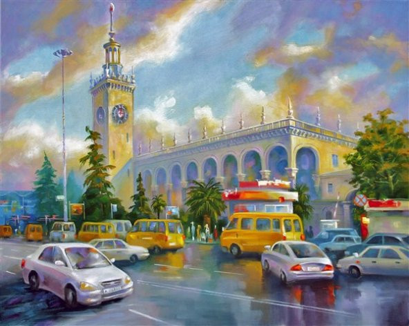 Movas Sanat Yağlı Boya Sochi Tren İstasyonu | Elmas Mozaik Puzzle  | 50x35 | E20202469M