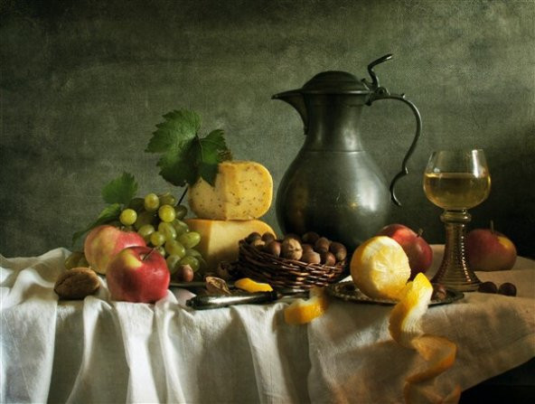Movas Sanat Natürmort - Fındık, Peynir, Şarap | Elmas Mozaik Puzzle  |50x35 | E20202211M