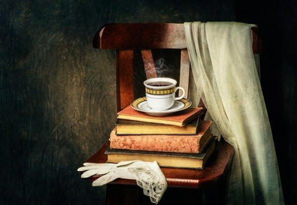 Movas Sanat Bir Fincan Çay Ve Kitaplar | Elmas Mozaik Tablo | Mozaik Puzzle  | 50x35 | E20202015M
