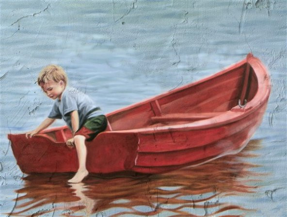 Movas Sanat Kırmızı Tekne Ve Yalnız Bir Çocuk | Elmas Mozaik Puzzle  | 50x40 | E20201780M