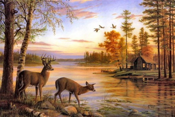 Movas Sanat Göl Kenarında Ki Geyikler | Elmas Mozaik Tablo | Mozaik Puzzle  | 60x40 | E20202129M - 1
