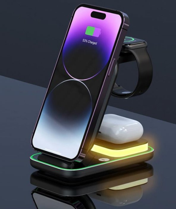 Coofbe 3 Mod Led Işıklı 15W 4in1 Masaüstü Telefon Standı İphone Şarj Standı Apple Watch Şarj Standı