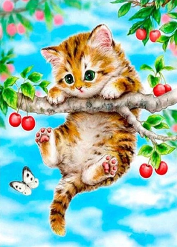 Movas Sanat Kiraz Ağacı Ve Yavru Bir Kedi | Elmas Mozaik Tablo | Mozaik Puzzle | 35x50 | E20201601M