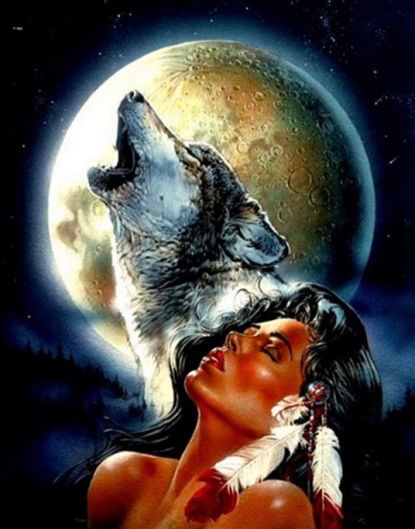 Movas Sanat Ay Işığında Uluyan Kurt Ve Kadın | Elmas Mozaik Puzzle | 35x45 | E20201468M