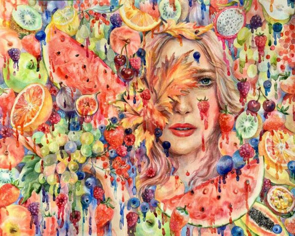 Movas Sanat Meyveler İçerisinde Bir Bayan | Elmas Mozaik Tablo | Mozaik Puzzle | 50x40 | E20201108M